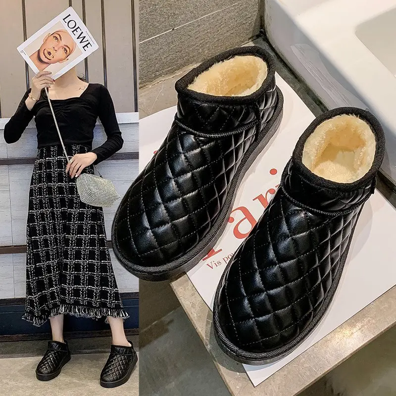 Boots Female Women Shoes Ankle 2020 Winter Leather Thicky Platform Short Snow Boots Motorcycle Martin Warm Cotton Shoes Non-slip