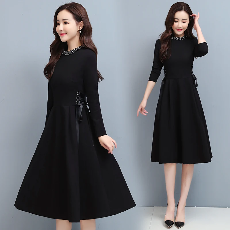 

2021 Vintage Black Long Sleeve Midi Dresses Autumn Winter Plus Size Solid Sexy Women Bodycon Dress Elegant Party casual Vestidos