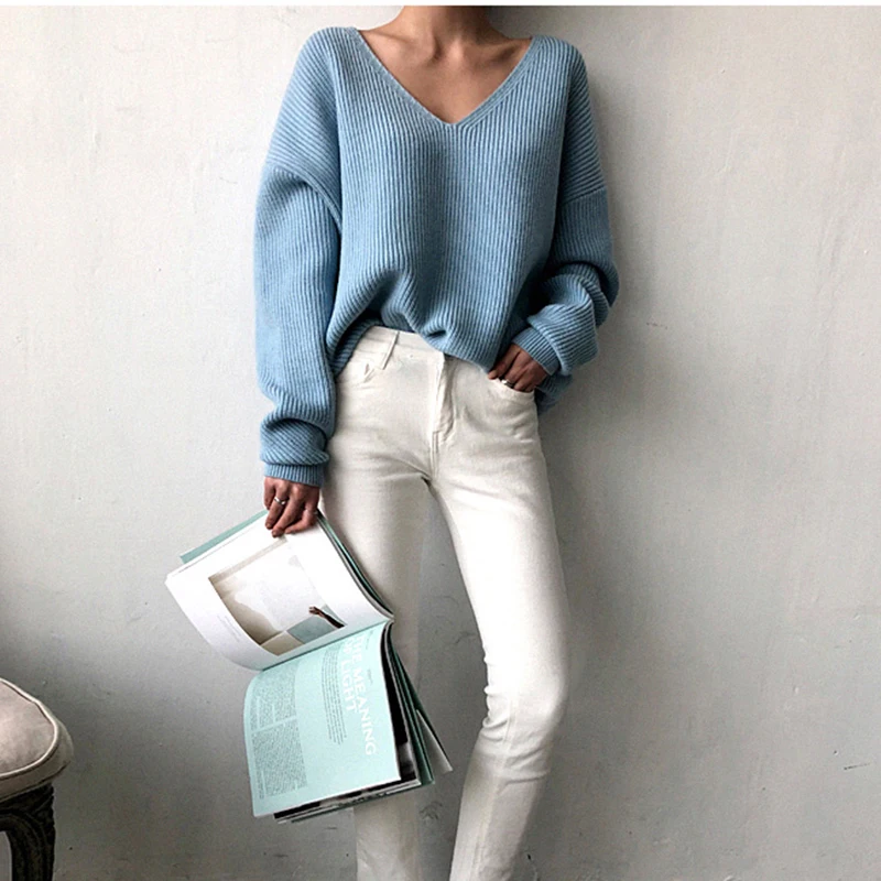 Syiwidii Women Sweater Sky Blue V-Neck Winter Fashion 2021 Clothes Batwing Sleeve Solid Casual Pullover Korean Knit New Fall Top | Женская