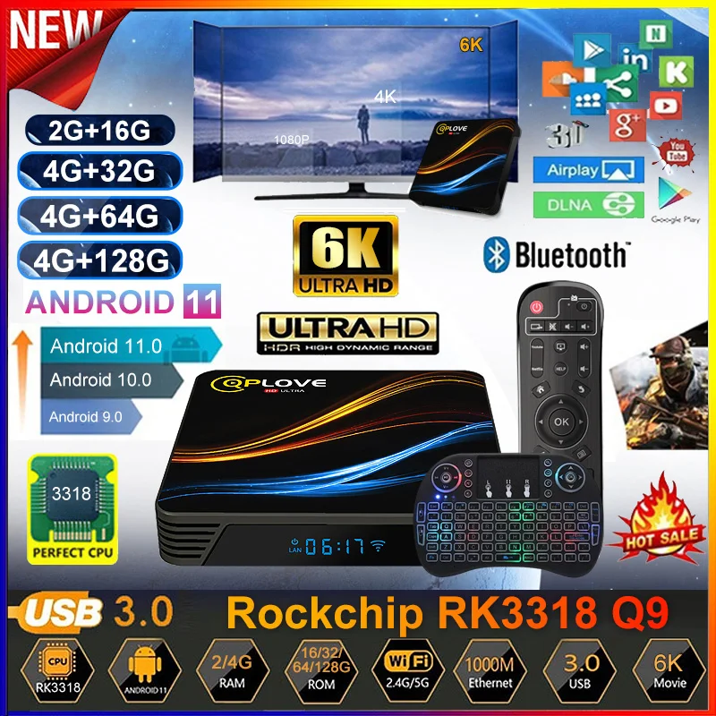 Приставка Смарт-ТВ RK3318 Android 128 4 ядра HD 6K + 32/64/2 ГБ | Электроника