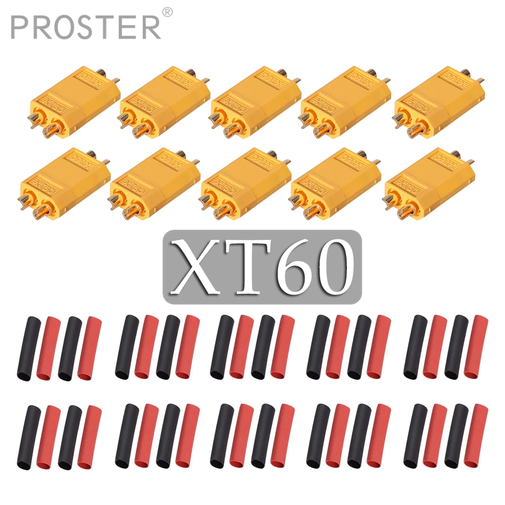 

Proster 10 Pair XT60 Male Female High-temp Nylon Bullet Connectors Power Plugs 60A with 40 Pcs Heat Shrink Tubing for Vehicles