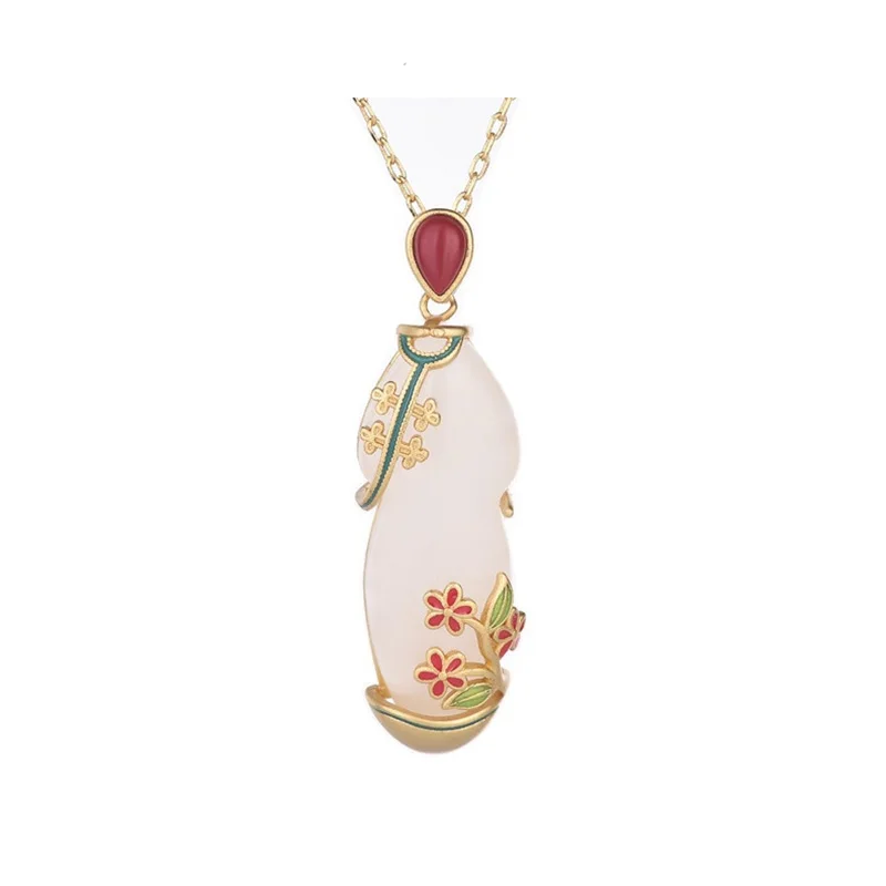 

Retro Court Style Hetian Jade Cheongsam Necklace Classic Inlaid Natural Stone Necklace Pendant