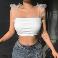 women sexy tank top bandage off shoulder lace sleeveless solid vest ladys camis with ribbons tube crop tops mesh strap tank