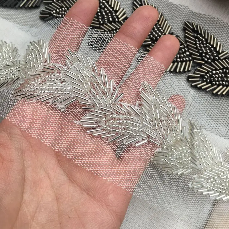 silver 55 см/шт. цвет пистолета/черный/Серебряный Бисер в форме листа кружева тяжелая работа бисером свадебное платье аксессуары DIY Материал A115 - Цвет: silver