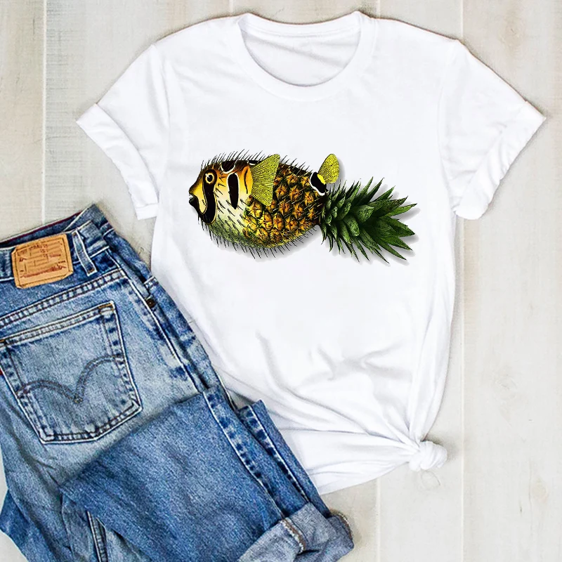Женская забавная Пляжная футболка с принтом ананаса и рыбы летняя для женщин