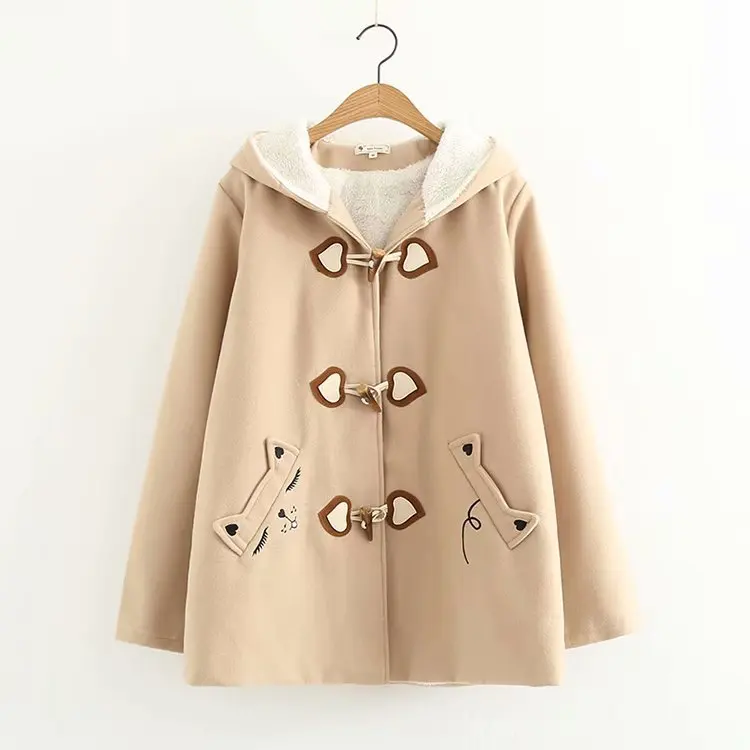 

2020 Cow Horn Buckles Coats Women Autumn Winter Long Woolen Coat Hooded Student Kawaii Sweet Coat with Fleece