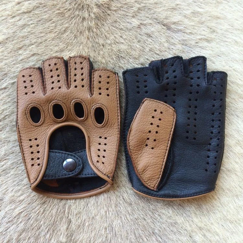 

New Arrival Luxury Men Semi-Finger Genuine Leather Gloves Men's Driving Unlined Half Fingerless Goatskin Gloves For Male Mitten