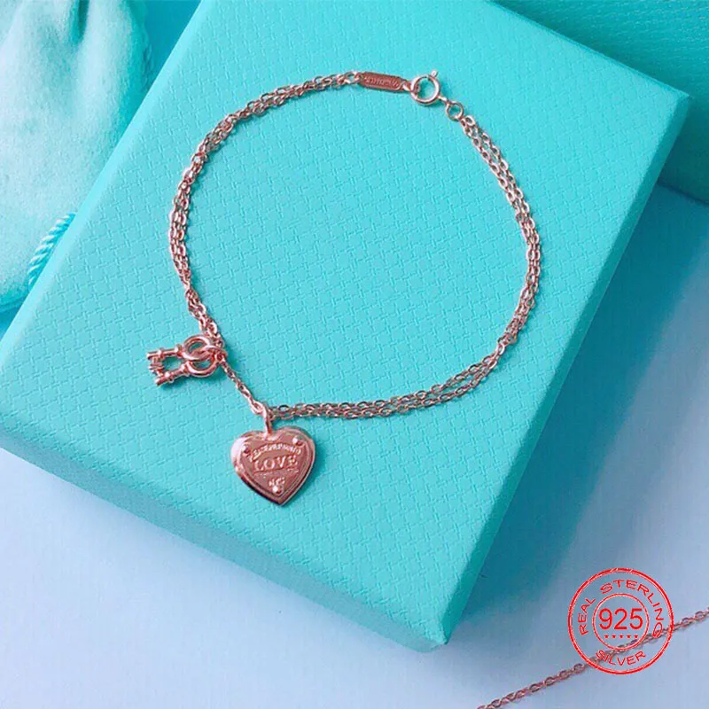

925 pure classic silver lock heart bracelet "heart lock" love key bracelet LOVE" in platinum/rose gold