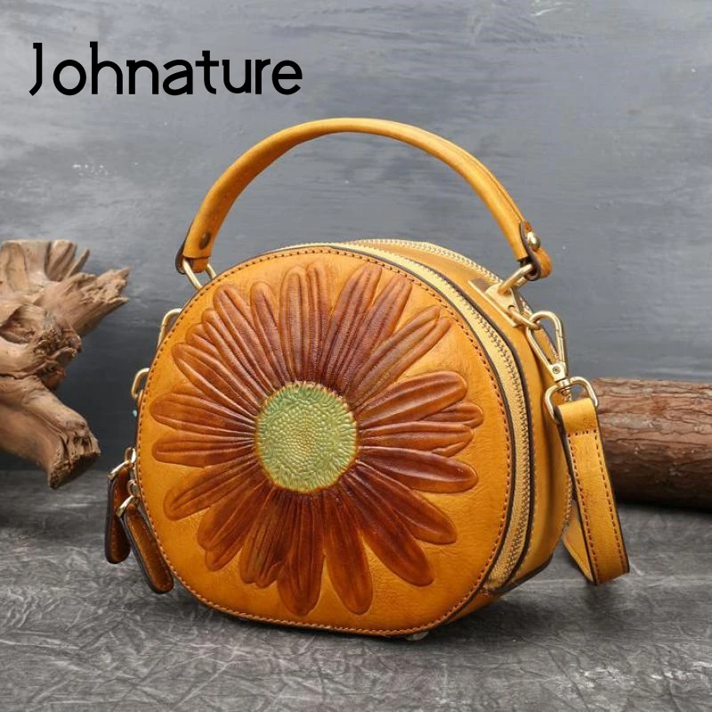 

Johnature Summer New First Layer Cow Leather Women Bag Circular Vintage Floral Handbag Ladies Bags Leisure Shoulder Bags