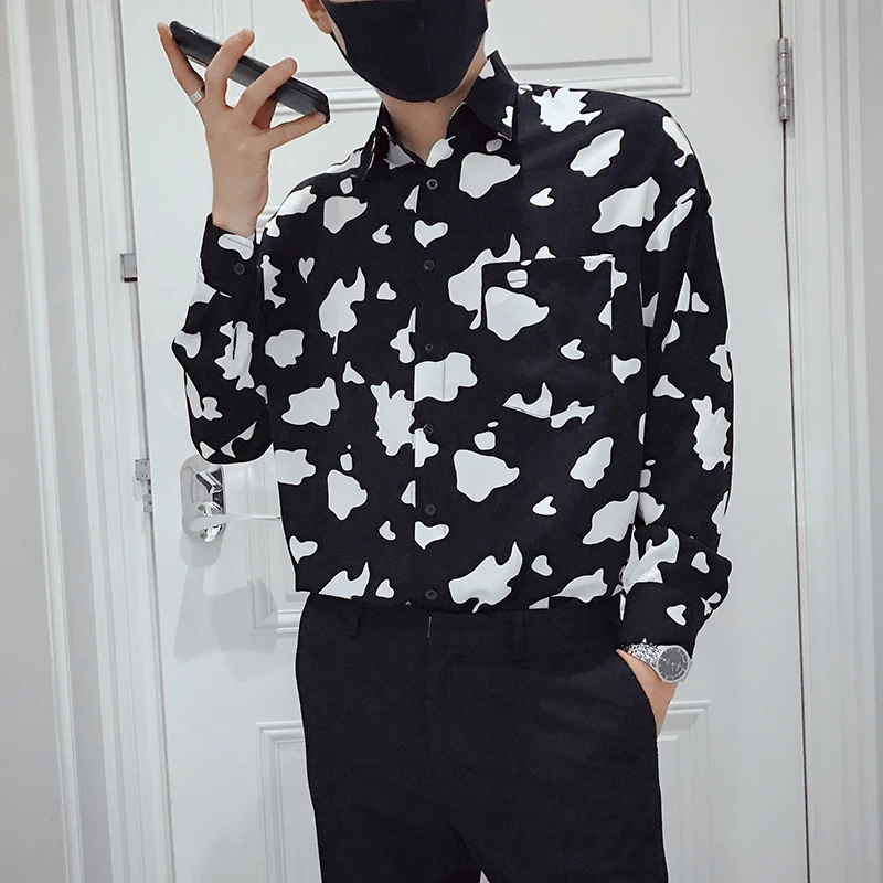 

2021 Print Men's Shirt Autumn Long Sleeve Korean Loose Social Party Male Clothing Streetwear Tops Hip Hop Harajuku Chemise Homme