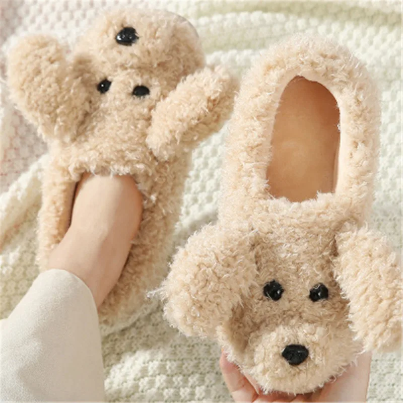 

2019 New Autumn Winter Women Slippers cute cartoon puppy teddy wool cotton Home Soft anti-slip Fur Indoor Floor women Men Shoes