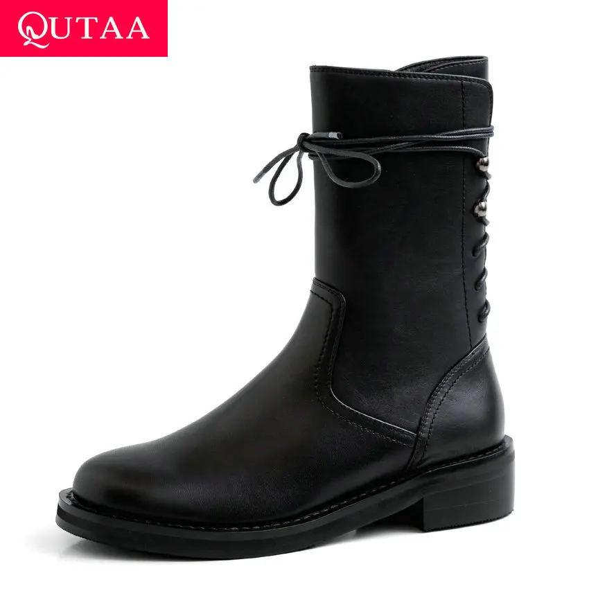 Удобные женские ботинки QUTAA из коровьей кожи на среднем каблуке с закругленным