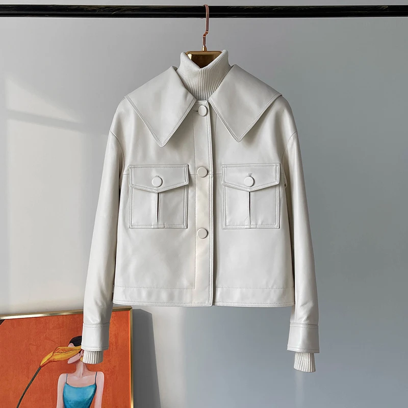 

2021 Fashion Women Leather Jacket White Short Slim Real Sheepskin Coat Korean Style Womens Clothing Chaqueta Cuero Mujer WPY3845