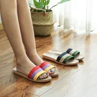 SuihyungЖенская обувь; Дышащие тапочки льняные сандалии с цветными полосками и ремешком; Женские повседневные шлепанцы; Летние льняные домашние вьетнамки