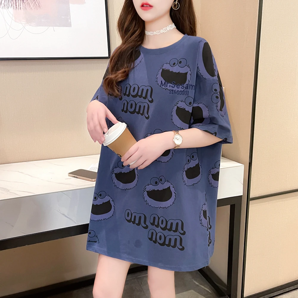 

All Cotton Korean Frog Print Manga Relaxed T-shirt For Women Office NigtClub loose Tee Shirt O-Neck Half Sleeve Ladies Crop Top