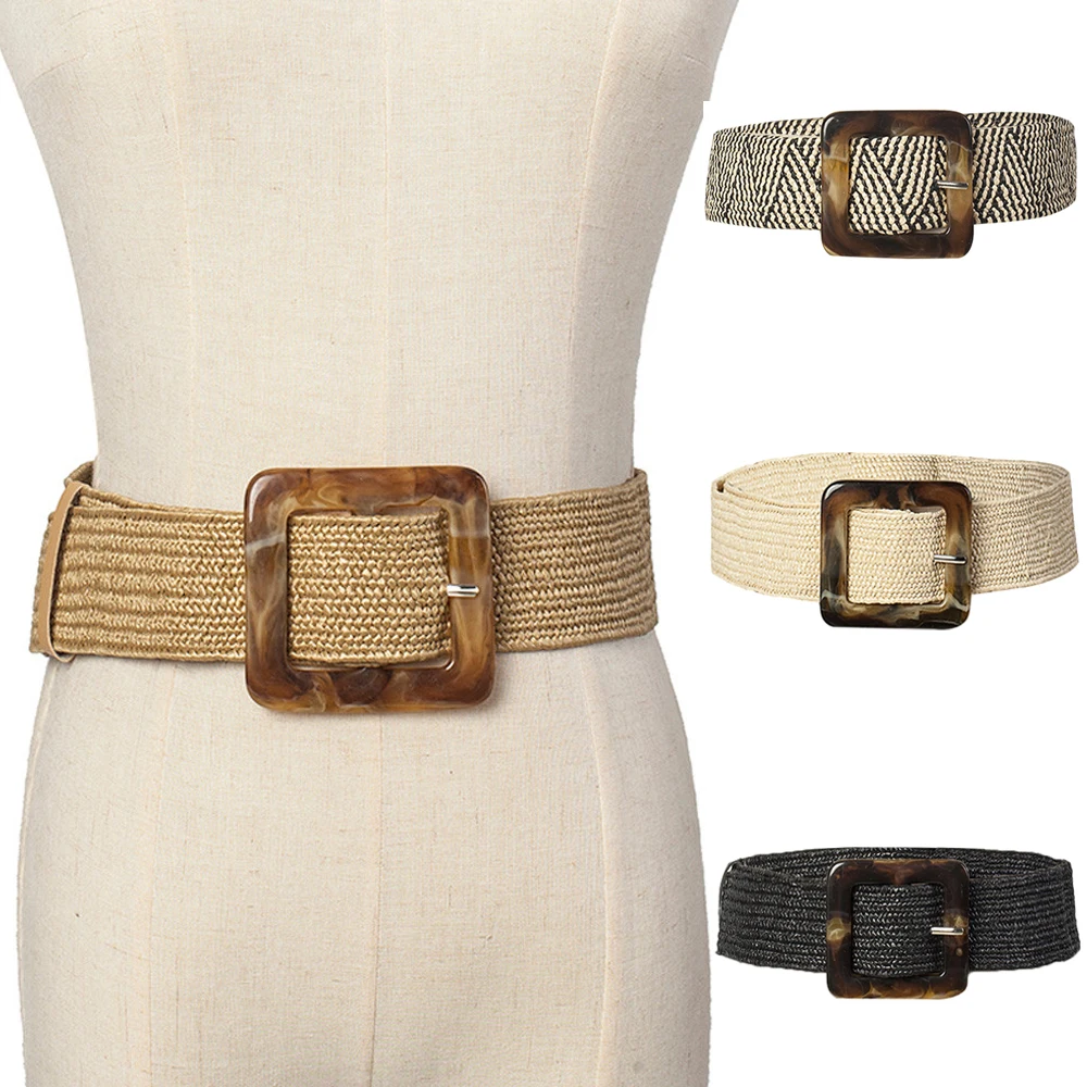 

Summer Women Braided Elastic Belt Square Buckle Vintage Bohe Straw Buckle Belt Women Knitted Belt Dress Belt Shirt Waist Seal