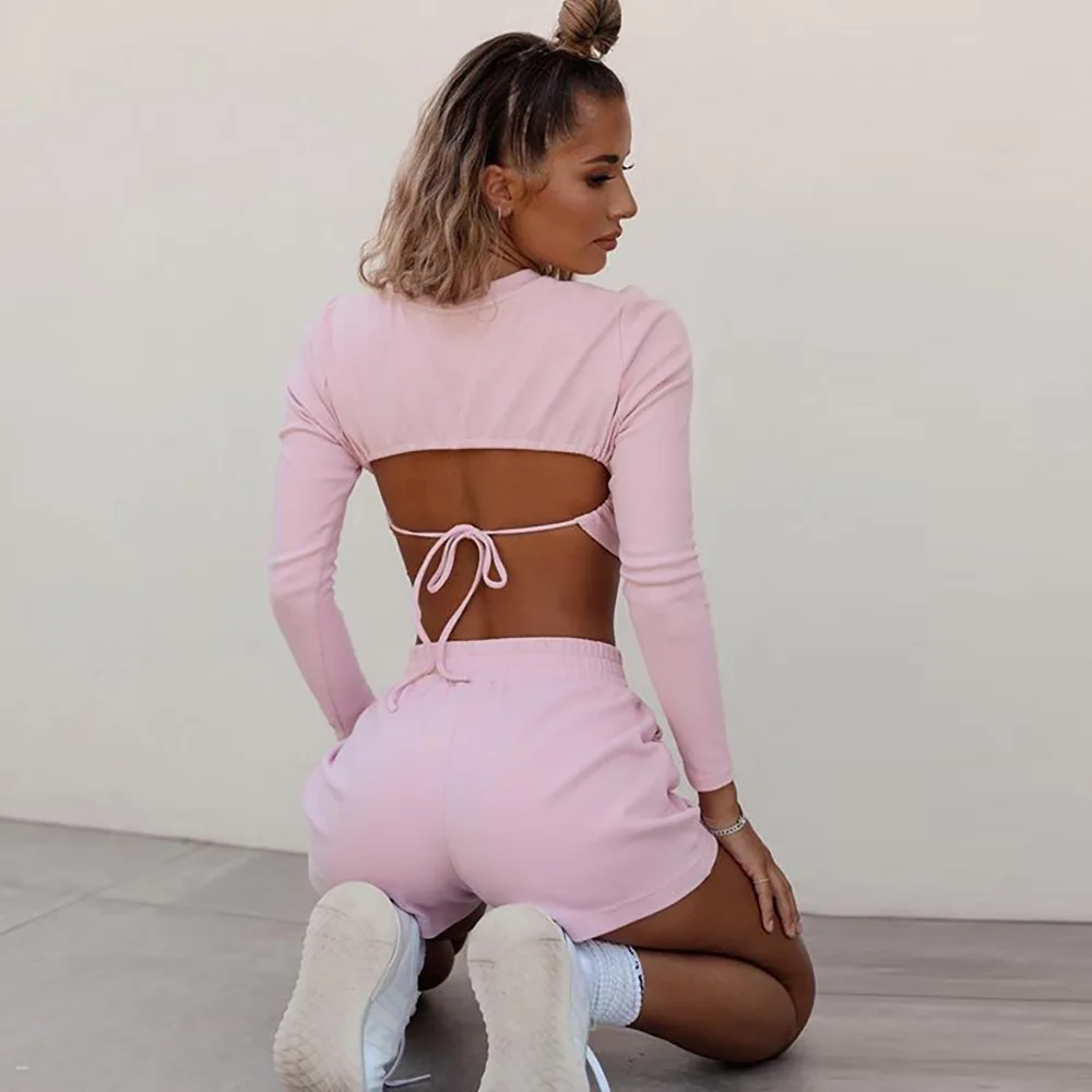 

Solid Two Piece Set Crop Tops And Shorts Tracksuit Drawstring Long Sleeve Tops For Women Fitness Jogging Femme