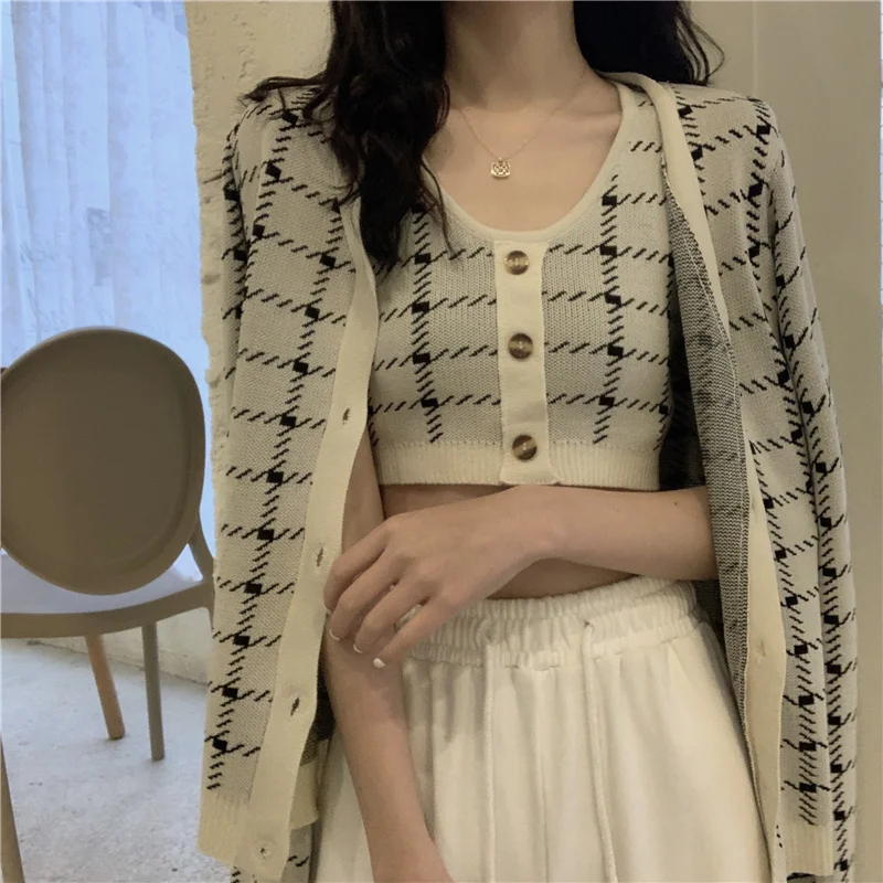 

Свитер в клетку, кардиган, пальто, женская трикотажная одежда, осень и зима 2020, новая верхняя одежда с длинным рукавом, топ, комплект из двух п...