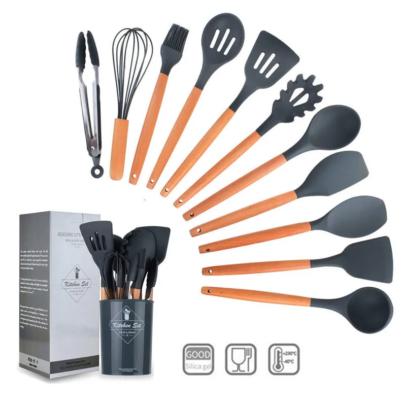 utensilio de cozinha 11/12-itens, kit cozinha, silicone, utencilios para cozinha frete gratis,ferramentas de cozinha,utensilhos de cozinha,conjunto cozinha acessórios, alça de madeira,espátula colher, concha, pinça c - Цвет: 12-PCS kitchen set
