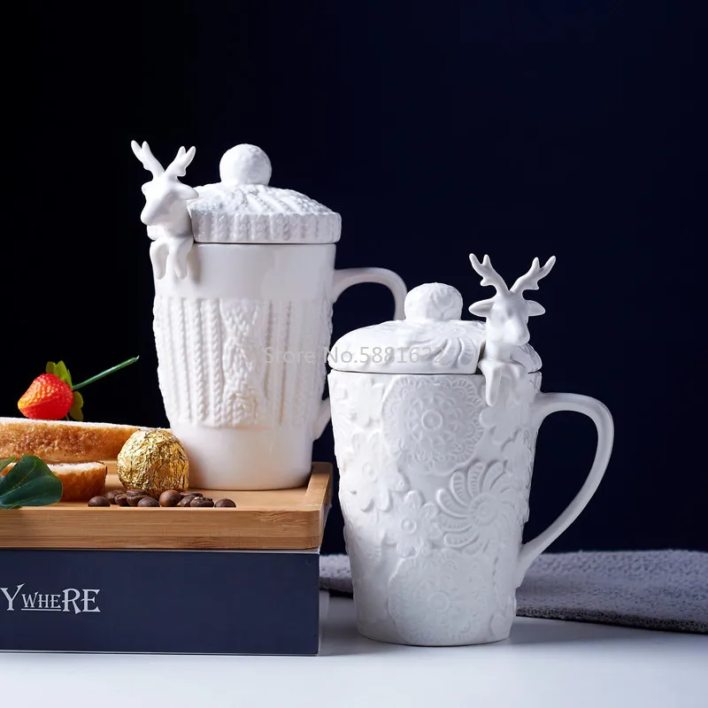 

Christmas Mugs 3D Elk Amimal Couples Water Cups with Lid Cute Deer Coffee Milk Cups Ceramic Mug Creative Breakfast Cup Drinkware