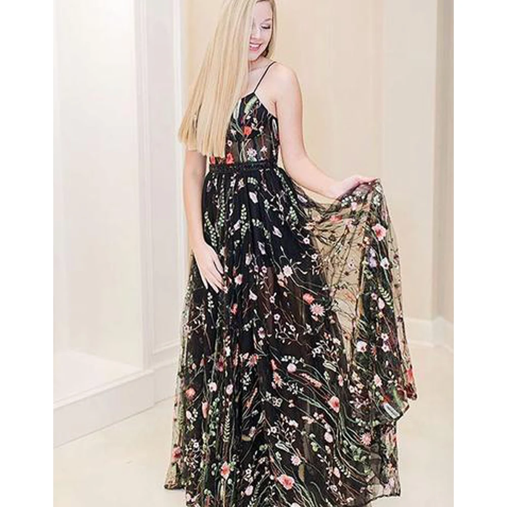 

2021Boho Prom Dresses A-line Spaghetti Straps Tulle Appliques Floor-Length Sexy Fashion Prom Dresses Long Evening Dress