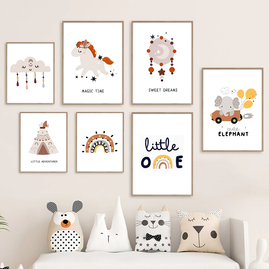 

Little Adventurer Cloud Rainbow Horse Elephant Wall Art Canvas Painting Nordic Posters And Prints Wall Pictures Kids Room Decor