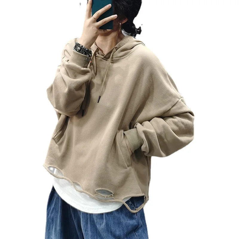 

2021 Spring New Loose Cotton Hooded Short Sweater Women's Hole Hooded Sweater Hoodies Women