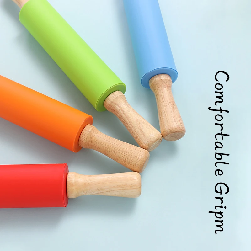 Силиконовая Скалка с деревянной ручкой не прилипающий ролик для теста печенья