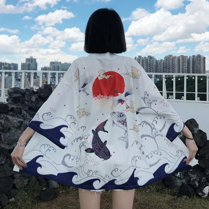 

Japanese Kimono Traditional Clothing Crane Carp Anime Kimono Dress Shirts Women Samurai Haori Yukata Man Cardigan Shirt