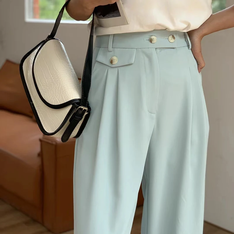 

GALCAUR Blue Patchwork Casual Pant For Women High Waist Solid Pockets Minimalist Wide Leg Pants Females Summer 2021 New Clothing
