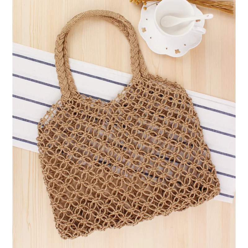 

Hollow Out Woven Tote Trendy Straw Degree Handmade Paper String Net Bag Female Mori Style Summer Handbags