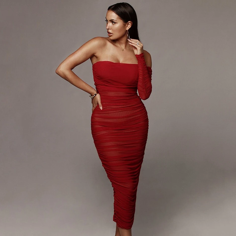 2019 Fashion Midi Women'S Bandage Dress Winter New Sexy One Shoulder Long Sleeve Bodycon Club Celebrity Evening Party Vestidos | Женская