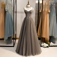 fancy gray evening dress tulle with beading prom gowns sweethear spaghetti lace up back 2021 new arrival