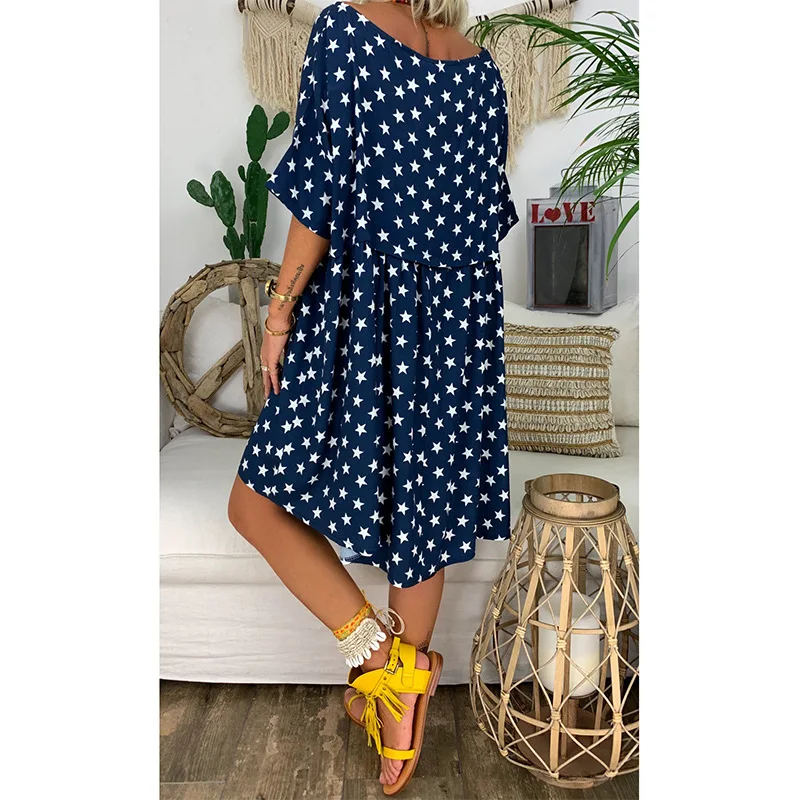 

2020 spring and summer new multicolor eight-size short-sleeved loose printed dress casual knee-length skirt
