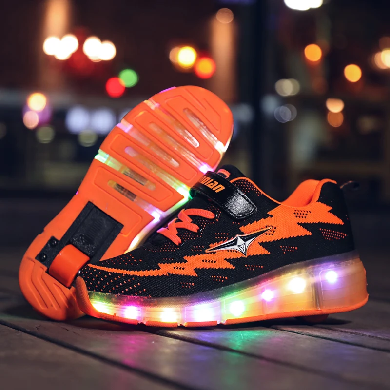Blue Pink Orange USB Charging Fashion Girls Boys LED Light Roller Skate Shoes For Children Kids Sneakers With Wheels One wheels | Детская