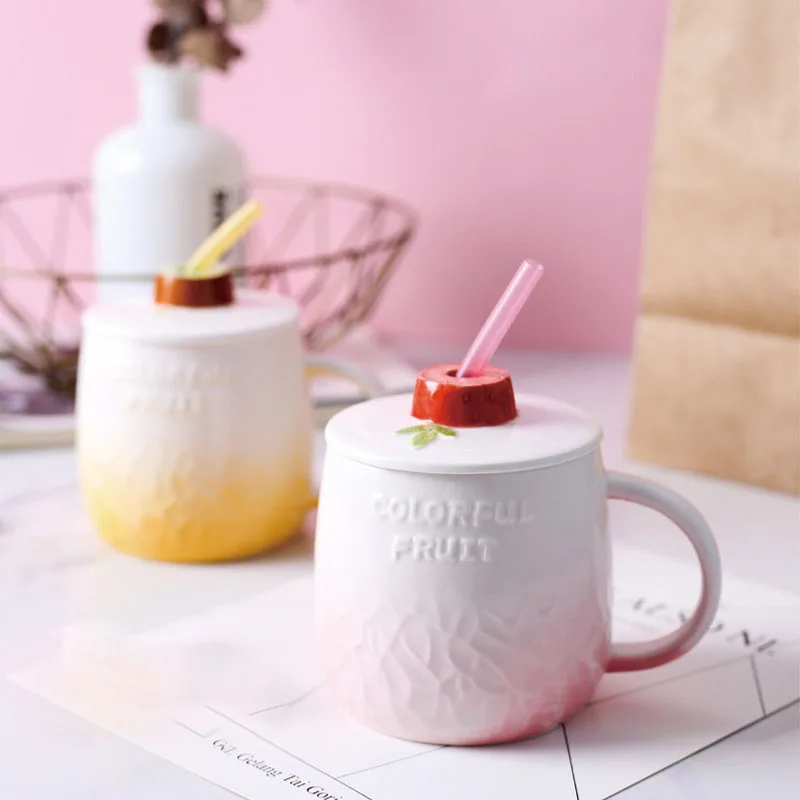 

Creative Cartoon Fruit Pot Belly Ceramic Mug Large Capacity Couple Coffee Ceramic Fruit Cup With Lid Straw Gift Cup
