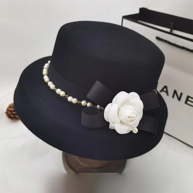 

French Elegant Fedora Hat Women Formal Wide Brim White Flower Pearls Band 100% Wool Felt Floppy Ladies Wedding Church Caps Cape