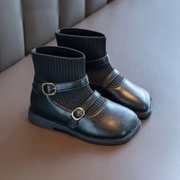 kids shoes ankle knit patent leather boots girl school uniform dress shoe child flat metal buckle british style boot 23 36
