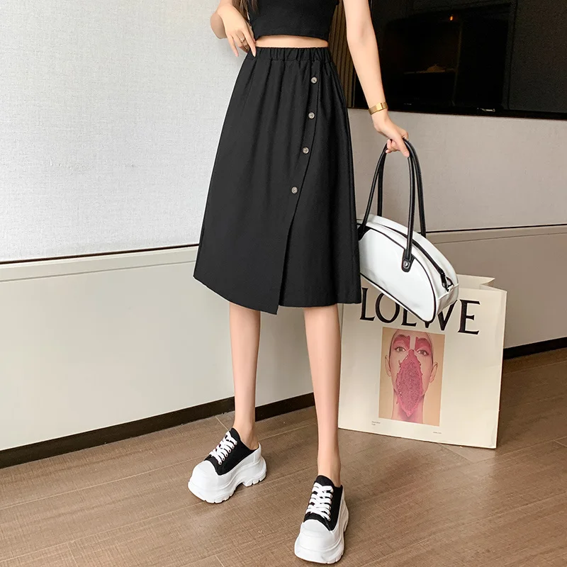 

Fashion Midi Shorts Skirt Women 2021 Summer Casual Button Pocket A Line Elastic High Waist Knee Length Skirt Female Green
