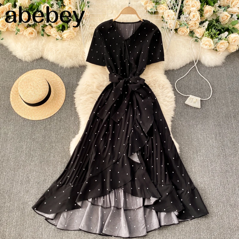 

Black/White/Red Polka Dot Irregular Pleated Long Dress Women Vintage V-Neck Short Sleeve Ruffle Vestidos Spring Summer 2021 New