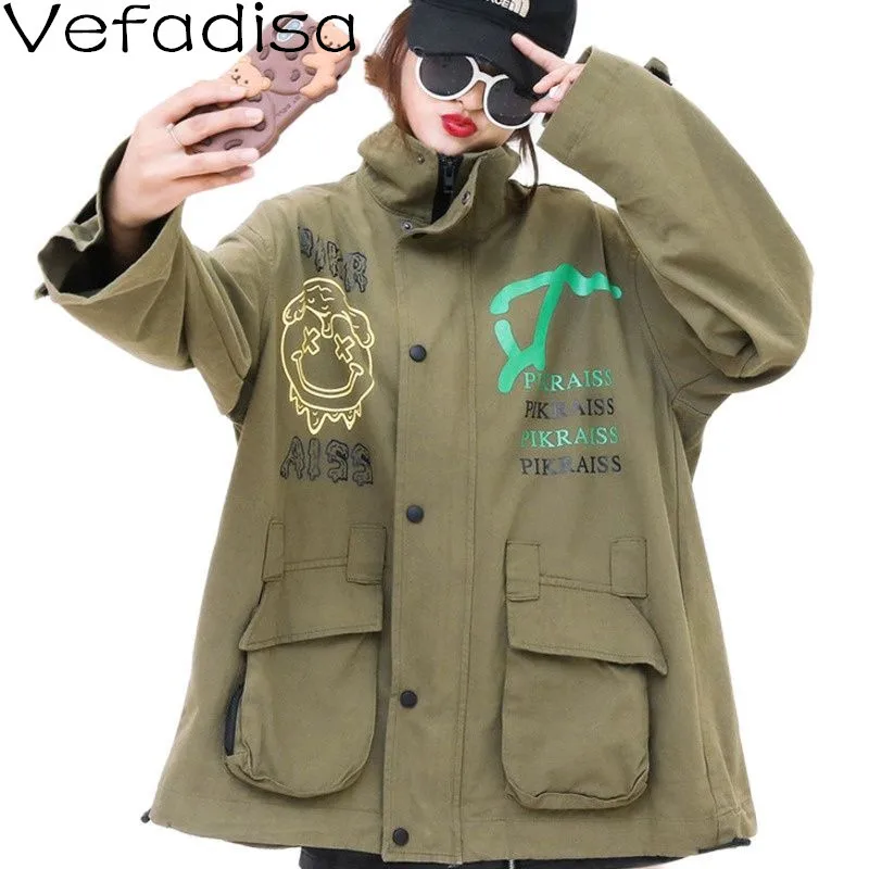 

Vefadisa Army Green Cartoon Print Women Coat 2021 Autumn Fashion Plus Size Female Jacket Graffiti Print Cardigan Coat QYF6404