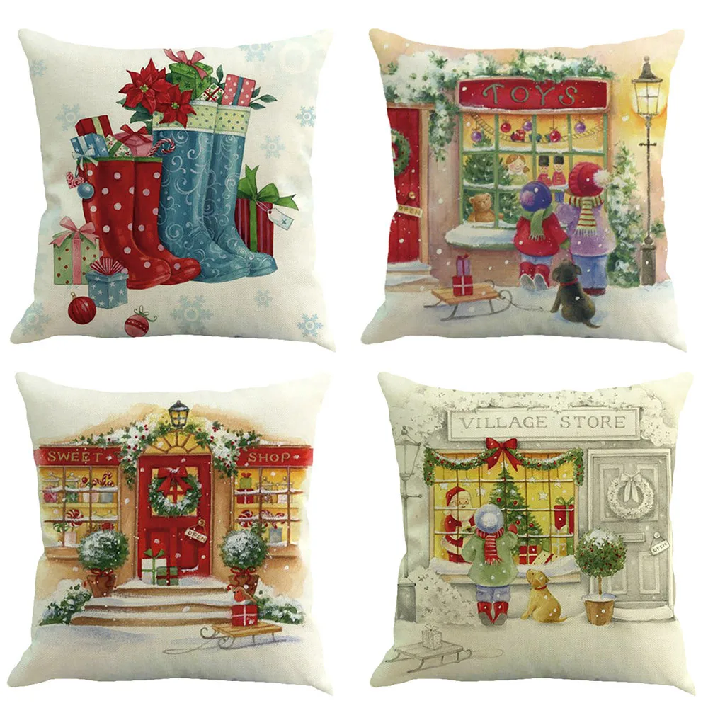 

4pc Merry Christmas Pillowcase Linen Cushion Cover Christmas Home Decoration Pillows Cover Sofa Cover Cushion Gift Pillows