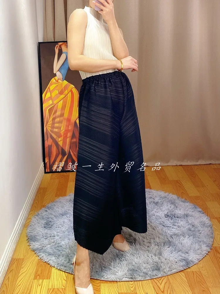 HOT SELLING Miyake fashion fold high waist all-match Gradient Wide leg pantswide leg pants IN STOCK