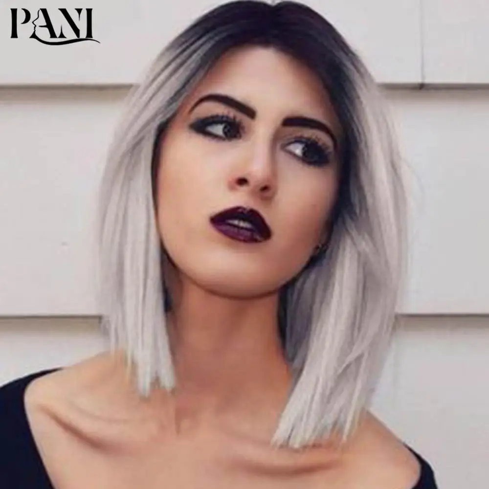 PANI женские короткие парики парик из серебристого Боба с темным корнем