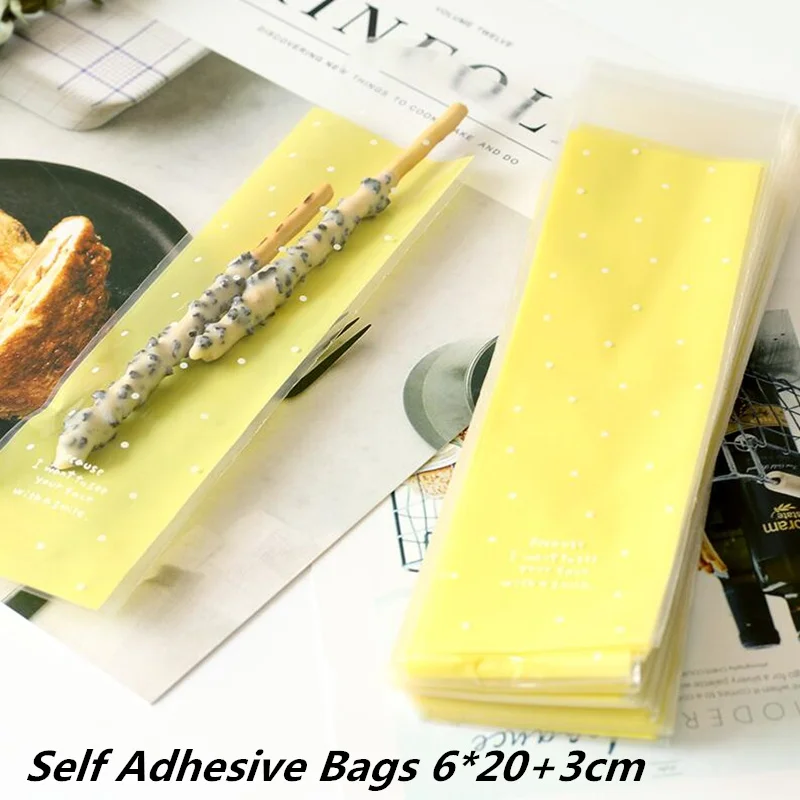 Yellow Dot 6x23cm LBSISI Life, 100 шт, печенье в виде пальцев, пакеты для печенья, белое кружево, длинный пластиковый подарок, сделай сам, крафт-карта, упаковка для капкейков, самоклеющаяся сумка - Цвет: Yellow Dot 6x23cm
