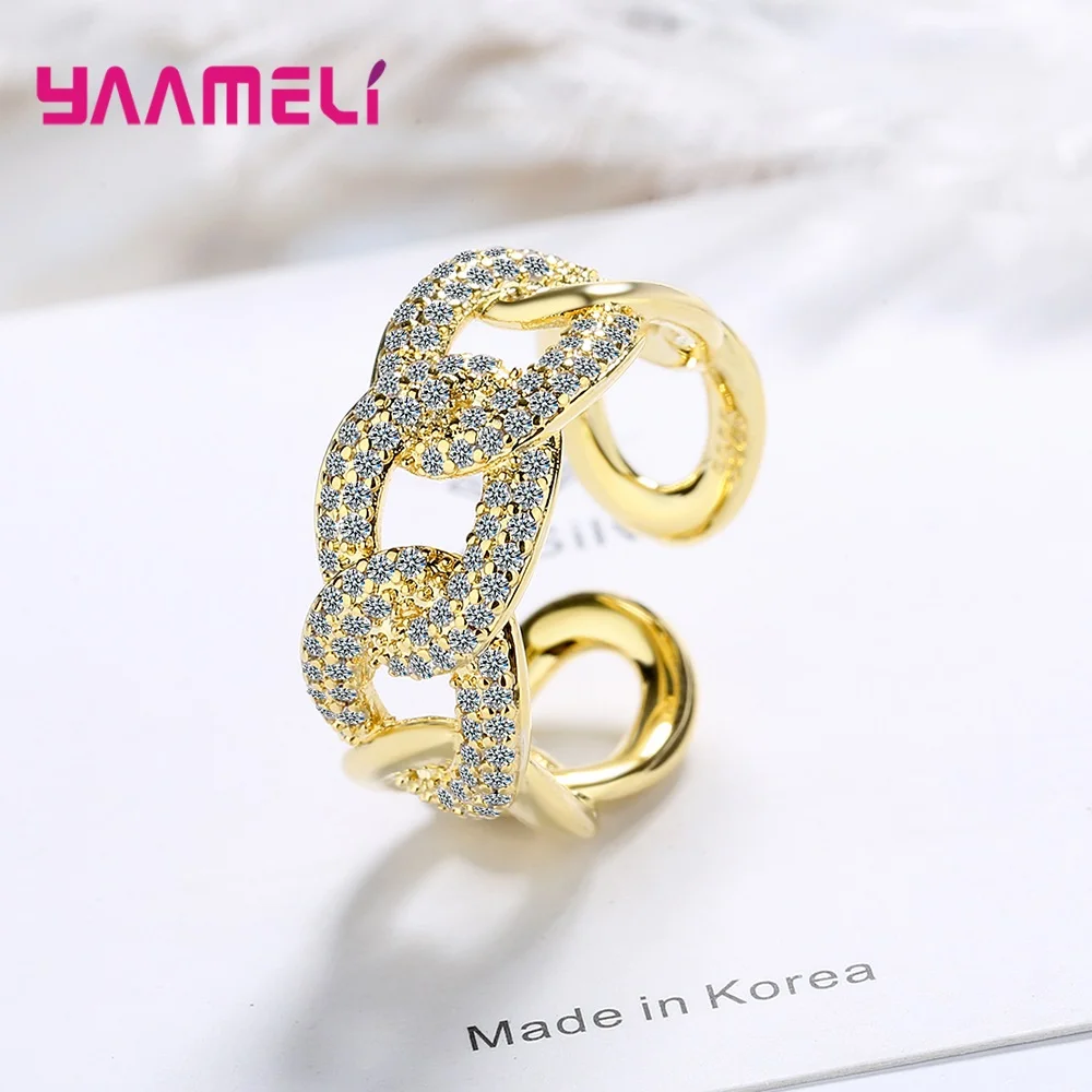 

Creative Exquisite Cubic Zironia Male Female Ring Exaggerated 925 Sterling Silver Chain Adjustable Size Finger Jewelry For Women