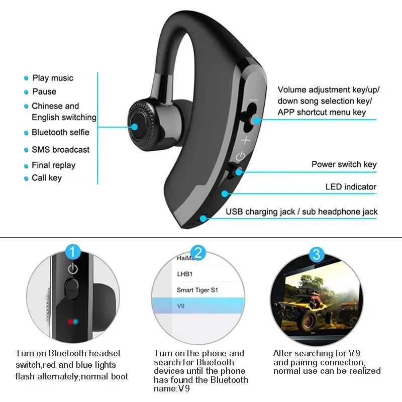 V9 Bluetooth-совместимые наушники беспроводные гарнитура для режима свободные руки