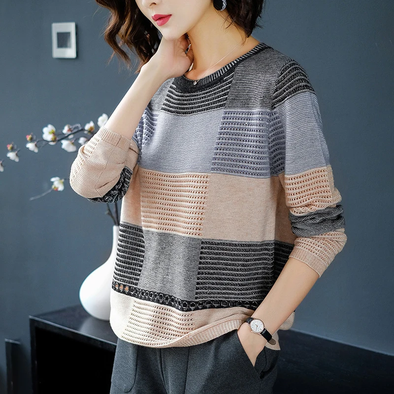 

Женский джемпер в полоску, с длинным рукавом и круглым вырезом