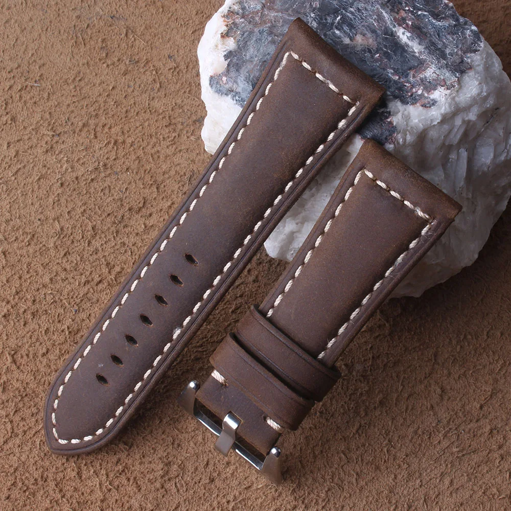 

Watchbands Genuine Leather Smooth Dark Brown Leather Strap 22MM 24MM 26MM Matte Soft Thick Watches Belt with pin buckle for mens