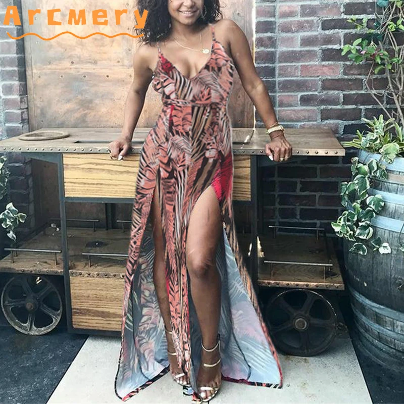 

Women Halter Retro Printed Sleeveless Plunge V-neck Maxi Slit Dress